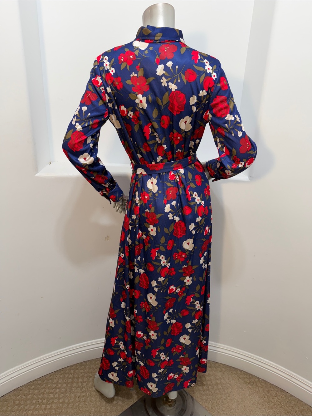 Vintage 70s Emilio Borghese Floral Navy Long-Sleeve Shirt Maxi Dress Size Sz 14 - Picture 2 of 7